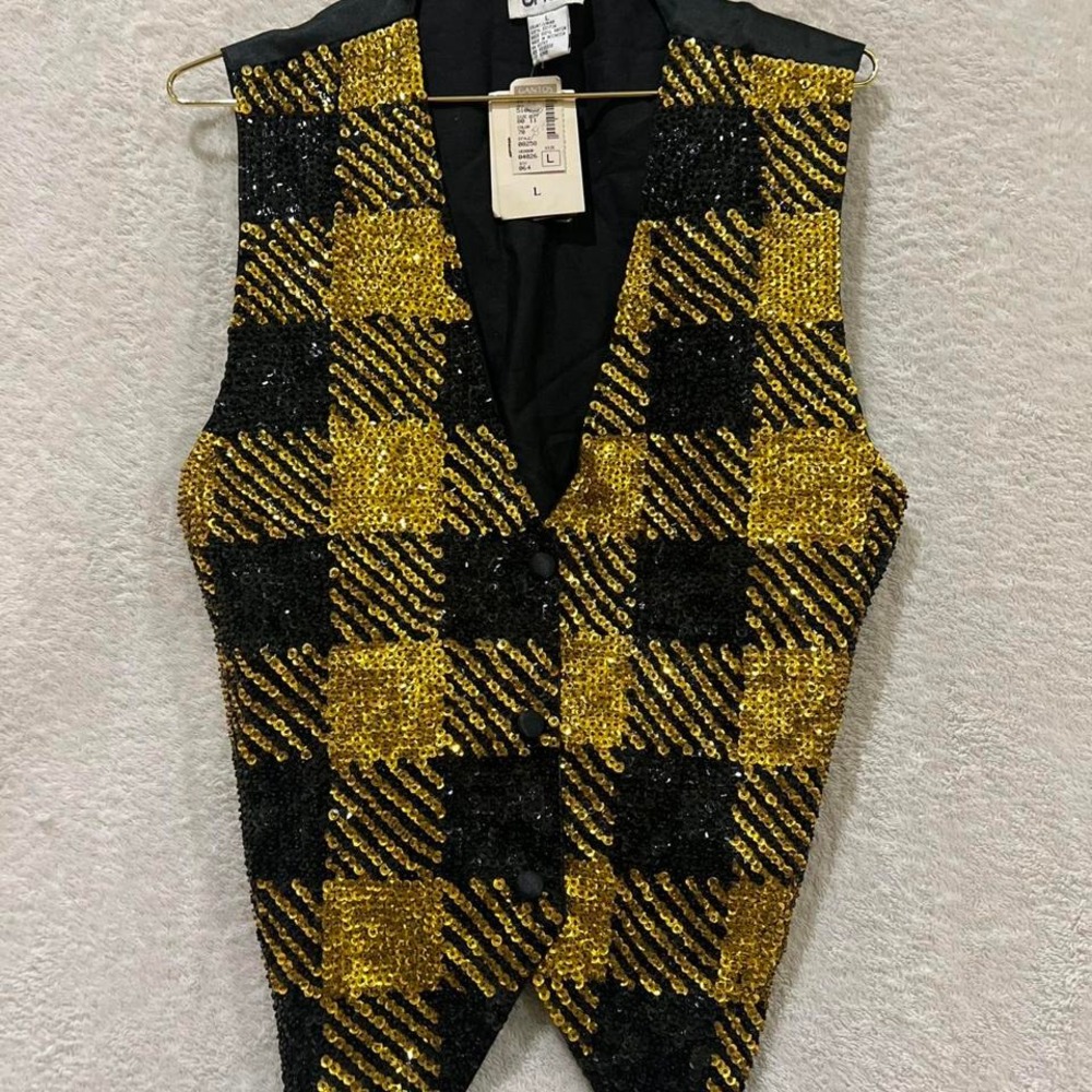 black and gold sequins vest with tags, hand decorated Theo size large